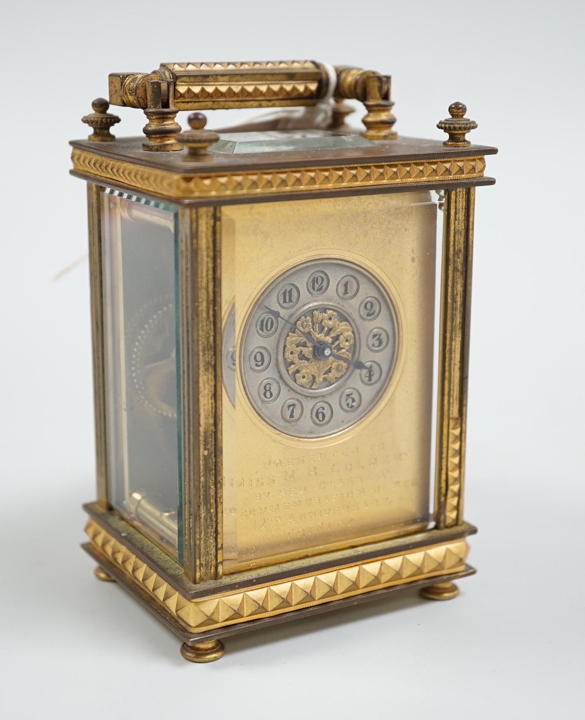 A French brass presentation carriage timepiece, 11cm high